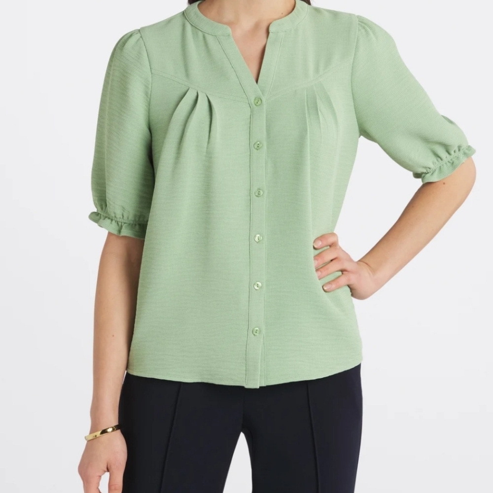 Papermoon Blouse Ruffle Short Sleeve XL Green Elsie Button Down